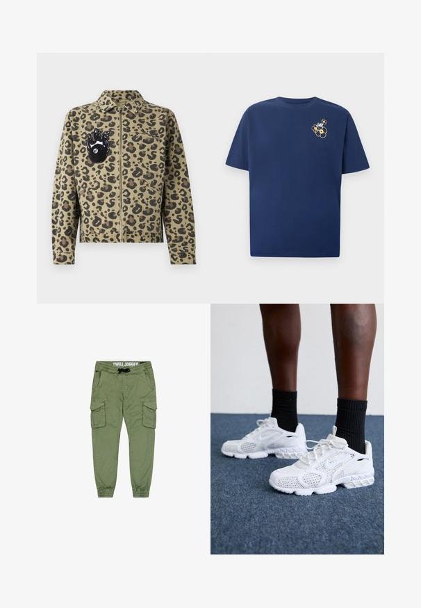 Chaqueta de estampado de leopardo en tonos marrón claro y negro. Cuenta con cierre de cremallera, dos bolsillos delanteros y un parche en forma de llama con un detalle de ojo en el pecho.; Camiseta azul marino de manga corta con un pequeño grupo de gráficos de flores amarillas y blancas en la parte superior izquierda del pecho.; Joggers de sarga verde oliva con puños elásticos, cintura con cordón y múltiples bolsillos tipo cargo para mayor almacenamiento. Tela suave y duradera.; Zapatillas deportivas blancas con parte superior de malla, acentos texturizados y suela acolchada. Combinadas con calcetines cortos de canalé negros sobre una superficie de moqueta azul.