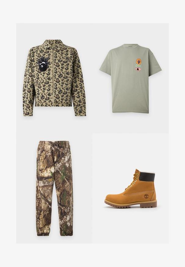 Chaqueta de estampado de leopardo en tonos marrón claro y negro. Cuenta con cierre de cremallera, dos bolsillos delanteros y un parche en forma de llama con un detalle de ojo en el pecho.; Camiseta de manga corta de color gris claro con tres pequeños parches gráficos coloridos en el pecho izquierdo, incluyendo uvas y logotipos de Carhartt.; Pantalones de chándal de camuflaje con un patrón natural en tonos marrón y verde, que cuentan con una cintura elástica con cordón y puños elásticos en los tobillos.; Botín de cuero marrón con ojales de metal, forro de piel sintética blanca, cuello acolchado negro, suela resistente y logotipo en relieve en el costado.
