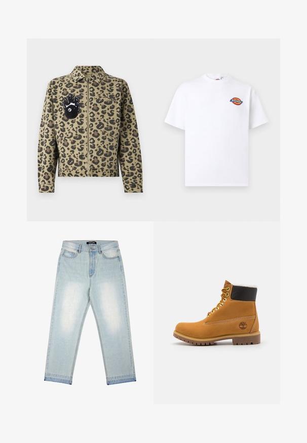 Leopardenmuster-Jacke in Hellbraun und Schwarz. Verfügt über einen Reißverschluss, zwei Vordertaschen und einen flammenförmigen Aufnäher mit einem Augendetail auf der Brust.; Weißes kurzärmliges T-Shirt mit kleinem buntem Dickies-Logo auf der linken Brust und Rundhalsausschnitt.; Pegador BARROW - Loose Jeans - sand washed blue; Braune Leder-Ankle-Boots mit Metallösen, weißem Kunstfellfutter, schwarzem gepolstertem Kragen, robustem Sohlenprofil und geprägtem Logo an der Seite.