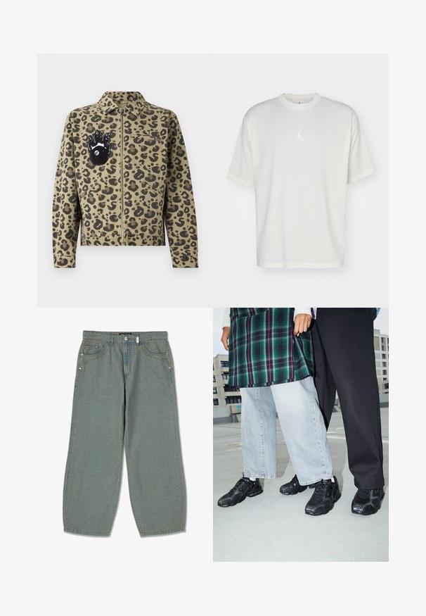 Leopardprintjakke i beige og sort. Har lynlåslukning, to forlommer og et flammeformet mærke med øjedetalje på brystet.; Hvid bomulds t-shirt med rund halsudskæring, korte ærmer og et lille broderet logo i midten. Løst fit design med minimal syning.; Lyseblå bredbenede jeans lavet af denim med fem lommer, kontrasterende syninger og en subtil tekstur gennem hele stoffet.; Sorte atletik sko med mesh- og gummidetaljer. Båret med lysegrå vide jeans og en ternet grøn bluse. Flad overflade i baggrunden.