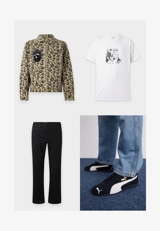 Veste imprimée léopard en ton sable et noir. Comprend une fermeture éclair, deux poches avant, et un patch en forme de flamme avec un détail en forme d'œil sur la poitrine.; T-shirt blanc avec un croquis en noir et blanc de deux enfants assis, l’un portant une chemise à carreaux et l’autre un t-shirt avec le logo Carhartt.; Pantalon noir à jambes droites avec fermeture à bouton et zip, passants pour ceinture et poches avant, présenté sur un fond clair uni.; Baskets en daim noir avec accents blancs, arborant un logo doré. Portées avec un jean en denim bleu clair et posées sur une surface bleue texturée.