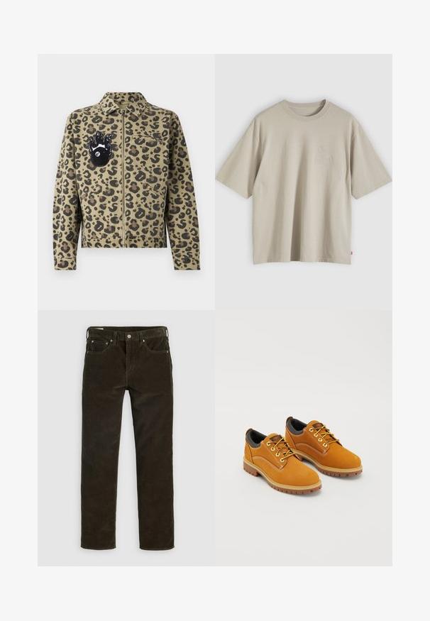 Jasje in luipaardprint in beige en zwart. Voorzien van een ritssluiting, twee voorzakken en een vlamvormige patch met een oogdetail op de borst.; Beige oversized katoenen T-shirt met korte mouwen, ronde hals en subtiel reliëflogo op de borst, getoond tegen een neutrale achtergrond.; Bruine corduroy broek met een recht gesneden pasvorm, vijf zakken, zichtbare stiksels en een gestructureerde stofafwerking. Metalen knoopsluiting aan de taille.; Bruine suède schoenen met een ronde neus, gele veters, een gewatteerde zwarte kraag en rubberen zolen met gripgroeven.