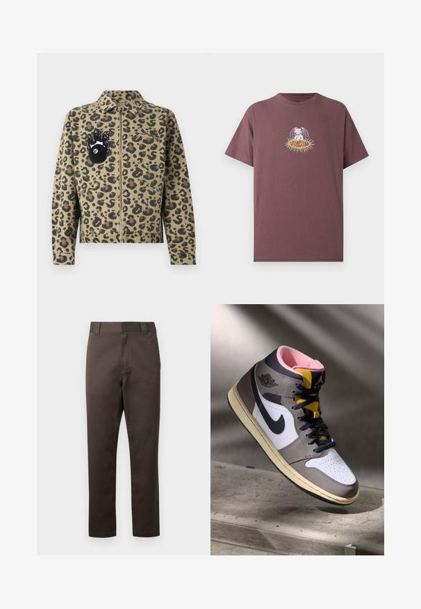 Leopardenmuster-Jacke in Hellbraun und Schwarz. Verfügt über einen Reißverschluss, zwei Vordertaschen und einen flammenförmigen Aufnäher mit einem Augendetail auf der Brust.; Dunkel mauvefarbenes T-Shirt mit kurzen Ärmeln, auf dem ein weißer Comic-Fledermauscharakter sitzt, der auf einer gelben Sonnenform sitzt, mit dem Text "Volcom" in der Mitte.; Braune Baumwoll-Chinos mit geradem Bein, Vorderseiten-Taschen, Gürtelschlaufen und glatter Textur. Keine sichtbaren Muster oder Akzente.; Hohe Nike Air Jordan Sneaker in Weiß, Grau und Schwarz mit pinkem Innenfutter und gelber Zunge, auf einer Betontfläche platziert.