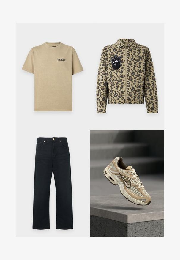 Veste imprimée léopard en ton sable et noir. Comprend une fermeture éclair, deux poches avant, et un patch en forme de flamme avec un détail en forme d'œil sur la poitrine.; T-shirt en coton beige avec un col rond et des manches courtes. Présente un logo noir "DICKIES" sur le côté gauche de la poitrine. Texture lisse.; Pantalon noir à jambes larges en denim, doté d'un design à cinq poches, de garnitures dorées, et d'une finition soignée sur la ceinture et l'ourlet.; Chaussure de running Nike beige et blanche avec panneaux en mesh et swoosh noir, flottant au-dessus d'un rebord en béton avec des escaliers flous en arrière-plan.