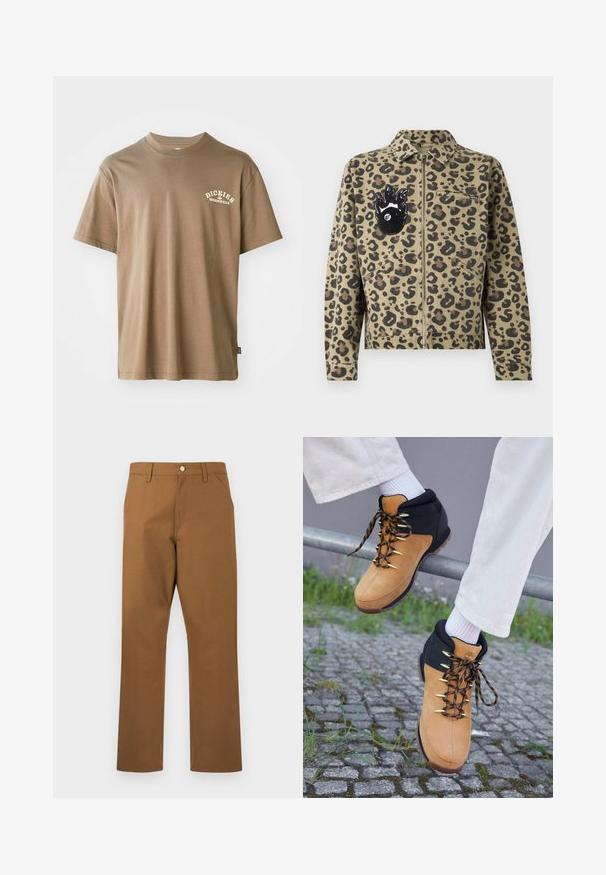 Jasje in luipaardprint in beige en zwart. Voorzien van een ritssluiting, twee voorzakken en een vlamvormige patch met een oogdetail op de borst.; Bruine katoenen T-shirt met een ronde hals, korte mouwen en een wit logo met de tekst "Dickies Workwear" op de linkerkant van de borst.; Bruine, rechte herensbroek met riemlussen, zijzakken en een knoopsluiting aan de voorkant, afgebeeld tegen een witte achtergrond.; Bruine en zwarte wandelschoenen met een bovenkant van suede, gouden oogjes en gemusterde veters, tentoon gesteld op een reling boven kasseien. Witte sokken zichtbaar.
