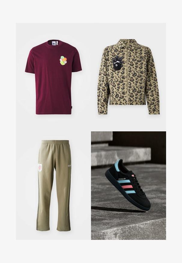 Leopardprintjakke i beige og sort. Har lynlåslukning, to forlommer og et flammeformet mærke med øjedetalje på brystet.; Mørkerød bomulds t-shirt med korte ærmer og rund hals. Indeholder en broderet grafik på venstre bryst, inklusive farverige cirkulære design.; Olivenfarvede sweatpants med elastisk talje, sidelommer, sorte striber på siden og et logo-patch på låret.; Sort Adidas Spezial sneaker med blå og pink striber, svævende over en tekstureret grå betonoverflade med skygge nedenunder.