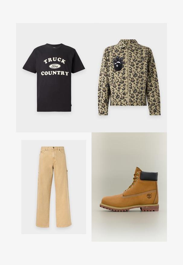 Leopardprintjakke i beige og sort. Har lynlåslukning, to forlommer og et flammeformet mærke med øjedetalje på brystet.; Sort bomulds t-shirt med korte ærmer, der har teksten "TRUCK COUNTRY" i cremefarvet og et Ford-logo designet centralt foran.; Beige arbejdsbukser med lige ben, bæltestropper, for- og sidelommer samt en hammerløkke på en ensfarvet baggrund.; Brun læderankelstøvle med sort krave, gule snørebånd og tanfarvet sål. Har logo og hvide syninger som detalje. Robust ydersål med greb.
