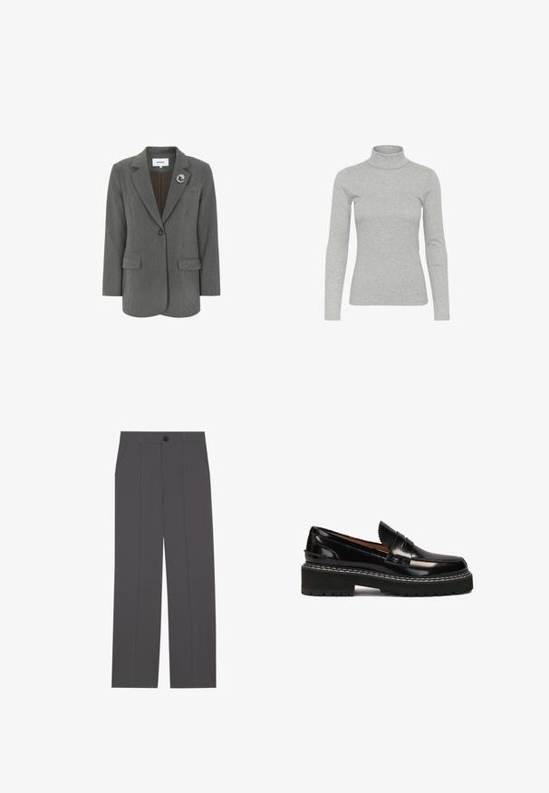 Blazer gris à carreaux avec une coupe ajustée, revers en cran, fermeture à un bouton, deux poches avant et un broche décorative sur le côté gauche.; Pull en col rollé gris en tissu côtelé, présentant des manches longues et une coupe ajustée, avec un col haut et un minimum de détails.; Pantalons gris avec une coupe droite, comprenant deux poches latérales et une fermeture à bouton. Tissu lisse sans motifs ni accents visibles.; Mocassins en cuir verni noir avec une semelle en caoutchouc noir épaisse, accentuées par des coutures blanches et une sangle décorative à l'avant.