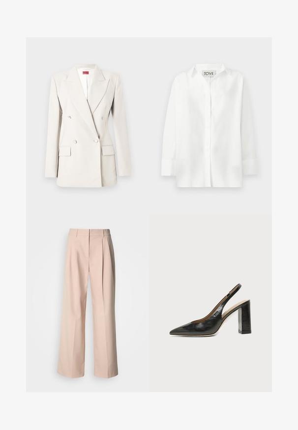 Blazer croisé couleur crème avec revers crantés, quatre boutons, deux poches à rabat, et une étiquette rouge Hugo à l'intérieur du col.; Chemise blanche à manches longues avec col et larges poignets boutonnés, étiquetée "TOVE" à l'intérieur du col, présentée sur un fond uni.; Pantalon à jambes larges en tissu rose clair, avec plis avant, taille haute et texture lisse. Design simple sans motifs visibles.; Chaussure slingback en cuir noir à bout pointu avec un talon bloc haut et une doublure intérieure beige sur un fond clair uni.