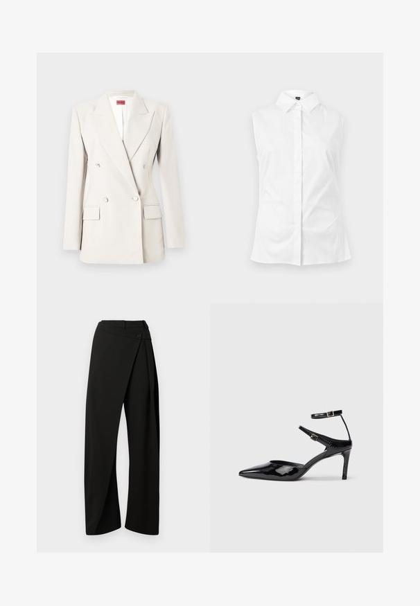 Blazer de doble botonadura color crema con solapas de muesca, cuatro botones, dos bolsillos con solapa y una etiqueta roja de Hugo dentro del cuello.; Camisa blanca sin mangas con botones, cuello puntiagudo, tela lisa y una silueta limpia y ajustada.; Pantalones negros de pierna ancha con un panel envolvente en el frente y un cierre de botón en la cintura, mostrados sobre un fondo blanco.; Tacones de charol negros con puntera puntiaguda, correas ajustables en el tobillo y un tacón delgado. Textura suave con un acabado brillante.