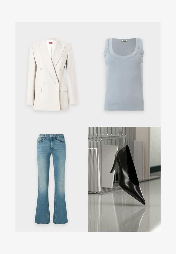 Blazer croisé couleur crème avec revers crantés, quatre boutons, deux poches à rabat, et une étiquette rouge Hugo à l'intérieur du col.; Débardeur sans manches bleu clair côtelé avec encolure dégagée et étiquette Drykorn au niveau de l'arrière du col, posé à plat sur une surface blanche.; Jeans en denim bleu évasés avec un lavage léger, cinq poches, un détail de couture et une taille avec un bouton et une fermeture éclair.; Chaussure noire à talon haut avec bout pointu et logo doré, posée sur une surface réfléchissante près d'un organiseur de dossiers en fil chromé contenant des documents.