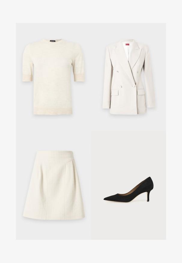 Blazer croisé couleur crème avec revers crantés, quatre boutons, deux poches à rabat, et une étiquette rouge Hugo à l'intérieur du col.; Pull à manches courtes de couleur crème avec col rond, poignets et ourlet côtelés, étiquette « SUPREME MERINO » au col.; Mini-jupe trapèze texturée blanc cassé avec taille haute et coutures verticales subtiles pour la mise en forme.; Escarpin en daim noir à bout pointu avec un talon stiletto fin de hauteur moyenne et un design à coupe basse sur un fond uni.