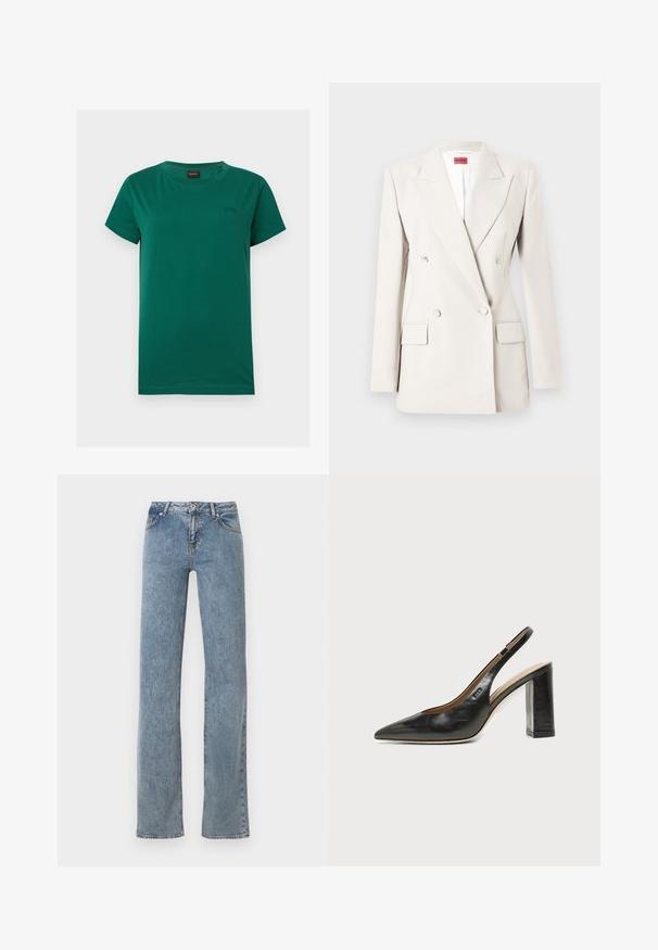 Blazer croisé couleur crème avec revers crantés, quatre boutons, deux poches à rabat, et une étiquette rouge Hugo à l'intérieur du col.; T-shirt vert manches courtes col rond avec petit logo "BOSS" embossé sur la poitrine gauche et une étiquette noire à l'intérieur du col.; Jean bleu à jambe droite avec taille haute, fermeture à boutons sur le devant, et design à cinq poches, présenté sur un fond blanc.; Chaussure slingback en cuir noir à bout pointu avec un talon bloc haut et une doublure intérieure beige sur un fond clair uni.