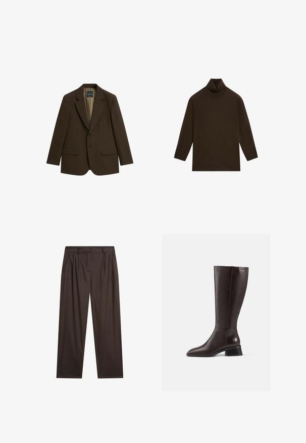 Dunkelbrauner Zweiknopf-Blazer mit Kerbklappen, zwei vorderen Pattentaschen und einer Brustpaspeltasche, dargestellt auf weißem Hintergrund.; Dunkelbrauner Langarm-Rollkragenpullover mit geripptem Kragen und Saum, flach auf weißem Hintergrund ausgelegt.; Dunkelbraune gerade geschnittene Hose mit Gürtelschlaufen, Seitentaschen und vorderen Falten auf weißem Hintergrund.; Knöchelhohe, braune Lederstiefel mit glatter Oberfläche, abgerundeter Spitze und gestapeltem schwarzen Absatz. Schlichtes Design mit minimalen Hardware-Details.