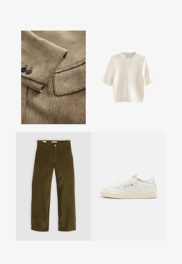 Beige kordfløjljakkeærme med to mørke knapper og detaljer med klaplomme på ribbet tekstiler.; Kortærmet cremefarvet strikket sweater med ribstrikkede manchetter, kant og rund hals, vist fladt på en hvid baggrund.; Oliven grøn corduroy bukser med lige ben design, der har forlommer og knaplukning, med en vertikal ribbet tekstur.; Reebok sneakers i off-white læder med lyseblå detaljer. Har perforeret tå, flade snørebånd og tekstureret gummisål.
