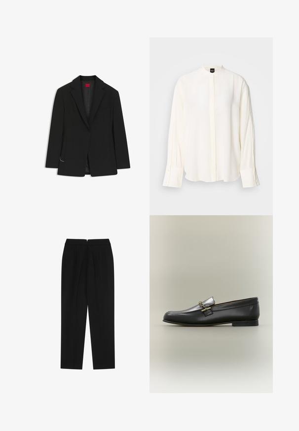Blazer negro a medida con solapas de muesca, mangas largas y un sutil detalle de cadena dorada en el lado izquierdo cerca del dobladillo.; Blusa de manga larga color crema hecha de tela suave; cuello mandarín, tapeta frontal, puños abotonados y un corte holgado.; Pantalones negros con corte recto, que presentan un cierre de cremallera oculto y dos pliegues en la parte delantera. Fabricados en tejido suave, sin patrones ni adornos.; Mocasín de cuero negro con parte superior plateada, detalle de cadena dorada, tacón bajo y puntera redondeada sobre fondo neutro.