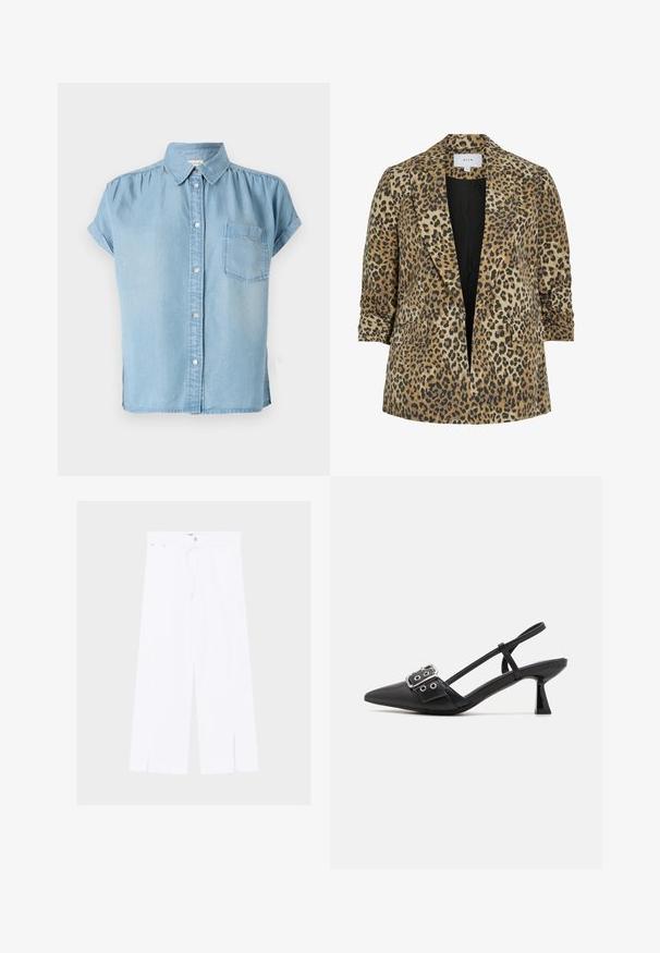Blazer s leopardím vzorom s jednoradovým zapínaním, špicatými klopami, dvoma prednými vreckami a hladkou textúrou v odstieňoch béžovej a čiernej.; Svetlo modrá džínová košeľa s krátkym rukávom, zapínanie na gombíky vpredu, golier a ľavá náprsní vrecko. Mäkka textúra a mierne uvoľnený strih.; Biele nohavice s širokými nohavicami, prednými rozparkami na leme, zapínaním na gombík a zips a úzkym pásom s pútkami na opasok.; Simmi London DALA - Klasické lodičky na opätku - black