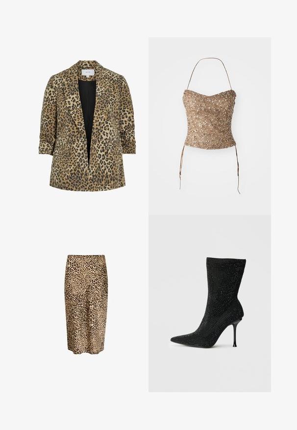 Pawtrykt blazer med enkelt knapdesign, spidse klapper, to frontlommer og en glat tekstur i nuancer af beige og sort.; Flettet strapless top i guld, med en tekstureret, pailletbesat overflade og taljebånd for justerbar pasform. Glat, tætsiddende silhuet.; Perry-print pencilskørt i tan og sort, med et glat stof, mid-længde snit og en tætsiddende talje. Ingen synlige lukninger.; Sorte højhælede støvler med spids tå, dækket af glitrende rhinsten, med en strækbar strikskaft og en slank stilettohæl.