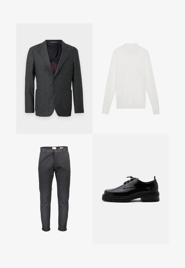 Blazer en tweed gris foncé avec un col cranté, deux poches avant et deux boutons. L'intérieur présente une doublure contrastante bleu marine avec des accents rouges.; Pull-over blanc avec un col montant, des manches longues et des poignets et un ourlet côtelés. Fabriqué en tissu tricoté doux. Design simple et ajusté.; Pantalon slim gris foncé en tissu doux, doté d'une fermeture à boutons, de passants pour ceinture et d'ourlets retroussés. Texture lisse sans motifs.; Chaussure en cuir noir poli à lacets, semelle en caoutchouc épaisse et talon bas, texte de marque "SAMSOE" sur le côté et languette arrière.