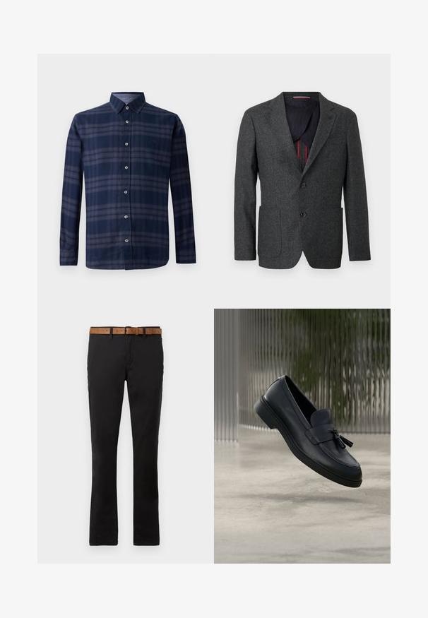 Mørkegrå tweedblazer med en slagkrave, to forlommer og to knapper. Indvendigt har den et kontrasterende marineblåt for og røde accenter.; Langærmet skjorte i marineblå plaid med knappet front og spids krave, præsenteret mod en hvid baggrund.; Sorte bomulds chinos med lige ben-design, der har et brunt læderbælte. Glat tekstur, klassiske forlommer og bæltestropper.; Sorte læderloafers med en glat tekstur, en rundet tå og dekorative kvaster foran. Fleksibel gummisål med lav hæl.