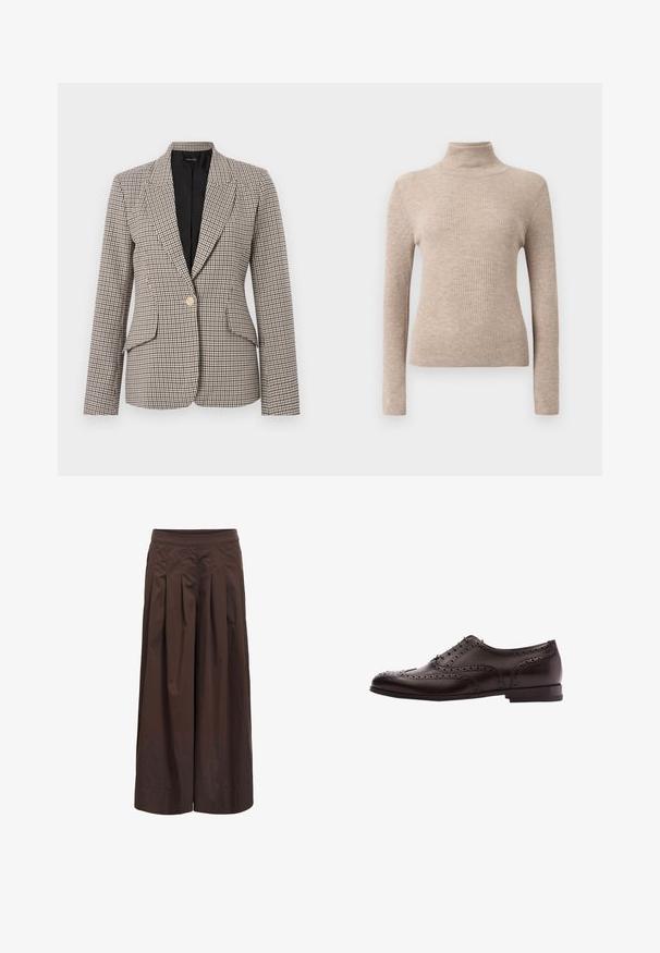 Blazer à carreaux pied-de-poule en marron et noir, avec un seul bouton doré, deux poches avant et un col structuré. Intérieur doublé.; Pull à col roulé beige à manches longues avec des côtes, présenté sur un fond blanc uni.; Pantalon marron à jambes larges avec plis devant et taille ajustée, fabriqué en tissu léger, présenté sur fond blanc.; Chaussure habillée en cuir marron avec des détails de brogue, fermeture à lacets, bout arrondi et un petit talon empilé. Fini poli et perforations complexes.