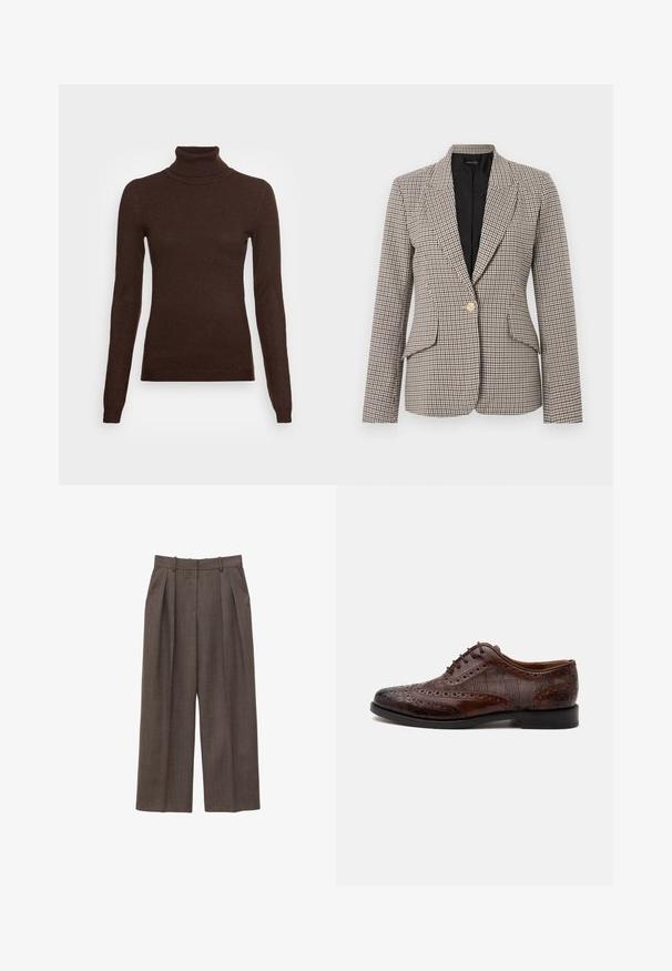 Houndstooth ternet blazer i brun og sort, med en enkelt guldknap, to forlommer og en struktureret krave. Foret inderside.; Vero Moda Tall VMHAPPINESS ROLLNECK - Striktrøje - coffee bean; Brune, højtsiddende bukser med vide ben, bæltestropper, læg foran og sidelommer, vist på en hvid baggrund.; Brun læder herre wingtip selskabssko med brogue-detaljer og ternede stofsider, vist fra siden på en hvid baggrund.