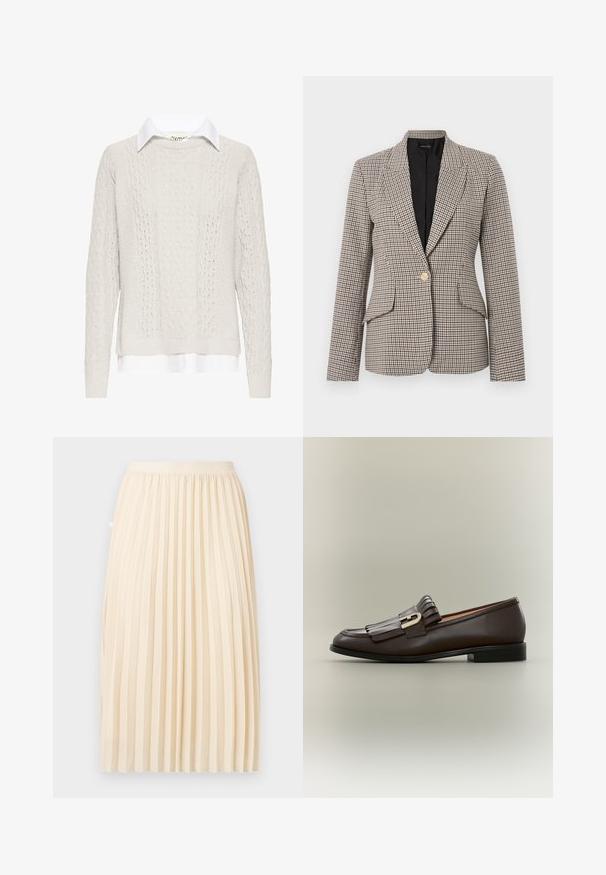 Blazer à carreaux pied-de-poule en marron et noir, avec un seul bouton doré, deux poches avant et un col structuré. Intérieur doublé.; Pull crème en maille torsadée avec une chemise à col blanc en dessous. Comprend des manches longues, des poignets et un ourlet côtelés. Motif tricoté texturé.; Jupe midi plissée de couleur crème avec une ceinture ajustée, suspendue droite sur un fond uni.; Mocassin en cuir marron foncé avec détail à franges et boucle dorée sur fond neutre, vue latérale.