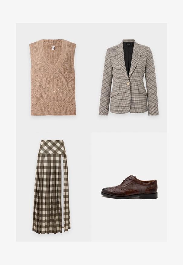 Μπλέιζερ με μοτίβο houndstooth σε καφέ και μαύρο, με ένα χρυσό κουμπί, δύο μπροστινές τσέπες και καλοσχηματισμένο γιακά. Εσωτερική επένδυση.; Μπεζ αμάνικο πλεκτό γιλέκο με V-λαιμόκοψη, που διαθέτει υφή και ριμπ τελειώματα, κατασκευασμένο από μαλακό νήμα.; Μακριά, πλυμένη φούστα με καφέ και μπεζ καρό σχέδιο. Σχεδίαση με ψηλή μέση, πλευρικό σκίσιμο και απαλή υφή υφάσματος.; Καφέ ανδρικό δερμάτινο παπούτσι wingtip με διακοσμητικές λεπτομέρειες brogue και πλευρικές πάνελ από καρό ύφασμα, εμφανιζόμενο από το πλάι με λευκό φόντο.