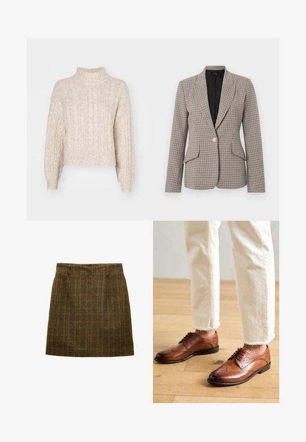 Houndstooth ternet blazer i brun og sort, med en enkelt guldknap, to forlommer og en struktureret krave. Foret inderside.; Cremefarvet cropped sweater med høj hals, der har et tekstureret kabelstrikket mønster og lange, let puffede ærmer.; Brun ternet uldnederdel med bæltestropper, en lige pasform og diskrete læg foran, designet til at være knælængde.; Brune læder brogue sko med perforerede detaljer, rund tå og en glat overflade, parret med cremede bukser med frynset kant.