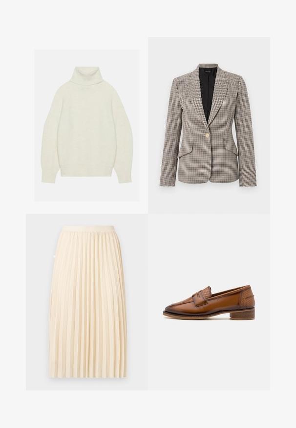 Blazer met houndstooth-patroon in bruin en zwart, met een enkele gouden knoop, twee voorzakken en een gestructureerde kraag. Gewatteerde binnenkant.; Romper met col in crèmekleur, gemaakt van zacht breimateriaal. Beschikt over een ontspannen pasvorm, raglanmouwen en geribde manchetten en zoom.; Roomkleurige geplooide midi-rok met een aansluitende tailleband, recht hangend tegen een effen achtergrond.; Bruine leren loafers met een gewoven voorpaneel, ronde neus en lage, gestapelde hak. Glad oppervlak met subtiele stiksels.