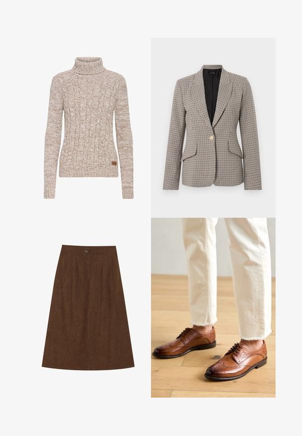 Blazer à carreaux pied-de-poule en marron et noir, avec un seul bouton doré, deux poches avant et un col structuré. Intérieur doublé.; Pull à col roulé en tricot marbré beige et brun clair avec motifs torsadés et une petite étiquette de marque brune sur le côté inférieur.; Jupe en velours côtelé marron avec une taille ajustée et des plis, dotée d'une fermeture à un bouton en haut. Forme évasée, longueur midi.; Chaussures brogues en cuir marron avec des détails perforés, bout arrondi et finition lisse, associées à un pantalon crème à ourlet effiloché.