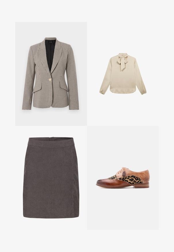 Houndstooth ternet blazer i brun og sort, med en enkelt guldknap, to forlommer og en struktureret krave. Foret inderside.; Langærmet beige bluse med en bånddetalje ved halsudskæringen, glat tekstur og samlede ærmegab, med en afrundet kant.; Kaffe KAVERA CORDUROY - A-snit nederdel - major brown c; Brun lædersko med leopardprintstofpanel, brogue-detaljer, frynse-laces og lavt træhæl.