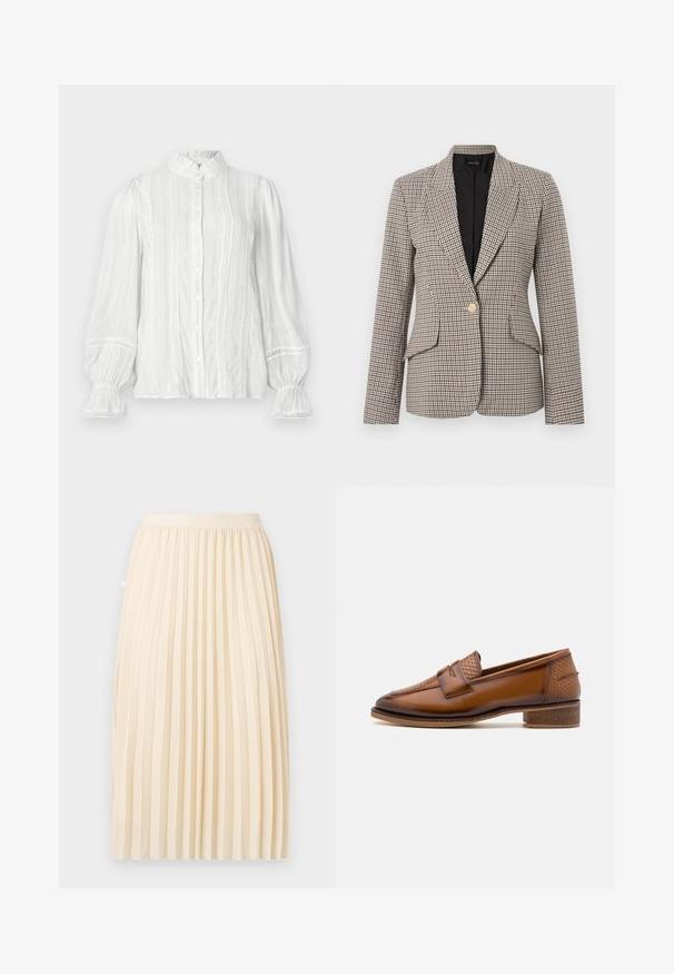 Hahnentrittmuster-Blazer in Braun und Schwarz, mit einem einzelnen goldenen Knopf, zwei Vordertaschen und einem strukturierten Kragen. Gefüttertes Innenfutter.; Weiße Bluse mit Knopfleiste, gerafftem Kragen, vertikalen Streifen und strukturiertem Stoff. Mit elastischen Puffärmeln und Spitzenbesatz.; Cremefarbener plissierter Midirock mit tailliertem Bund, der gerade vor einem einfarbigen Hintergrund hängt.; Braune Lederloafer mit einer strukturierten, geflochtenen Vorderseite, runder Spitze und niedrigem, gestapeltem Absatz. Glatte Oberfläche mit dezenten Steppnähten.
