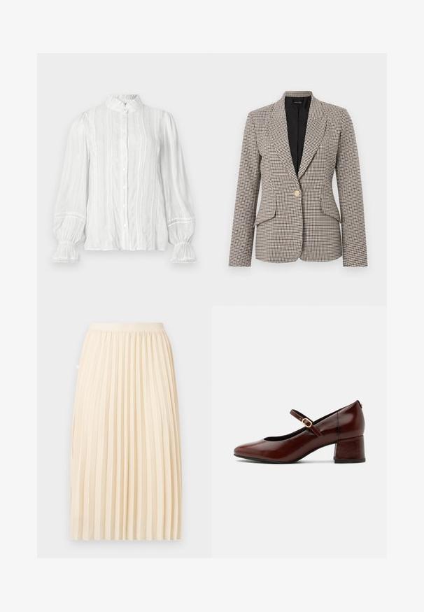 Blazer con estampado pata de gallo en marrón y negro, con un solo botón dorado, dos bolsillos delanteros y cuello estructurado. Forro interior.; Blusa blanca de botón con cuello voluminoso, rayas verticales y tejido texturizado. Presenta mangas abullonadas con elástico y adornos de encaje.; Falda midi plisada color crema con una cinturilla ajustada, colgando recta contra un fondo liso.; Zapato Mary Jane de cuero marrón con tacón bajo y correa con hebilla dorada, vista lateral sobre fondo blanco.