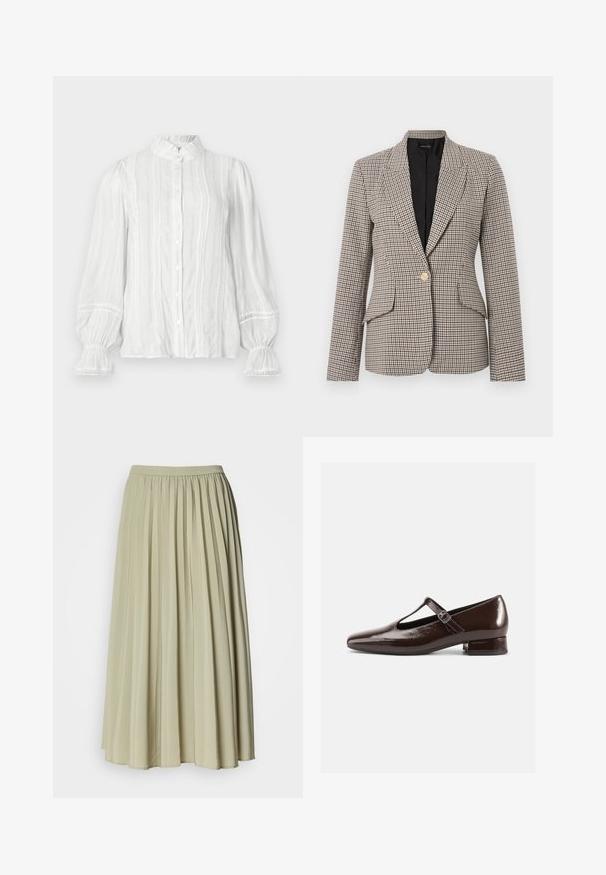 Hahnentrittmuster-Blazer in Braun und Schwarz, mit einem einzelnen goldenen Knopf, zwei Vordertaschen und einem strukturierten Kragen. Gefüttertes Innenfutter.; Weiße Bluse mit Knopfleiste, gerafftem Kragen, vertikalen Streifen und strukturiertem Stoff. Mit elastischen Puffärmeln und Spitzenbesatz.; Geraffter langer Rock aus einem weichen, hellgrünen Stoff. Verfügt über einen elastischen Bund und ein fließendes Design, mit gleichmäßigen Falten im gesamten Rock.; Braune Mary-Jane-Schuhe aus Lackleder mit abgerundetem Zehenbereich, Cut-out-Design und verstellbarem Riemen. Niedriger Blockabsatz.