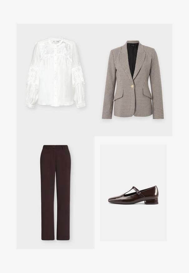 Μπλέιζερ με μοτίβο houndstooth σε καφέ και μαύρο, με ένα χρυσό κουμπί, δύο μπροστινές τσέπες και καλοσχηματισμένο γιακά. Εσωτερική επένδυση.; Λευκό πουκάμισο με μακριά μανίκια, κουμπιά μπροστά, δαντελένιες λεπτομέρειες στο πάνω μέρος του στήθους και στα μανίκια, καθώς και ριγέ μανσέτες.; Παντελόνι σε ίσια γραμμή, σκούρο καφέ χρώμα, με θηλιές για ζώνη, μπροστινό φερμουάρ και πλαϊνές τσέπες, παρουσιάζεται σε λευκό φόντο.; Καφέ παπούτσια Mary Jane από γυαλιστερό δέρμα με στρογγυλεμένη μύτη, σχεδιασμό με κοψίματα και ρυθμιζόμενο λουράκι. Χαμηλό τετράγωνο τακούνι.