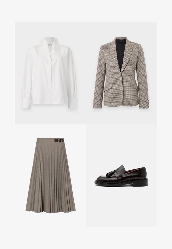 Μπλέιζερ με μοτίβο houndstooth σε καφέ και μαύρο, με ένα χρυσό κουμπί, δύο μπροστινές τσέπες και καλοσχηματισμένο γιακά. Εσωτερική επένδυση.; Λευκή βαμβακερή μπλούζα με ριχτό κολάρο, μακριά φουσκωτά μανίκια και εμπρός κουμπώνω με κουμπιά που μοιάζουν με πέρλες.; Πλισέ φούστα με καρό σχέδιο, που διαθέτει σκούρο ζωνάκι με αγκράφα. Φτιαγμένη από υφασμάτινο υλικό σε αποχρώσεις καφέ και κρέμα.; Σκούρο καφέ δερμάτινο μοκασίνι με φούντες, ραμμένες λεπτομέρειες και χαμηλό στιβαρό τακούνι σε απλό ανοιχτό φόντο.