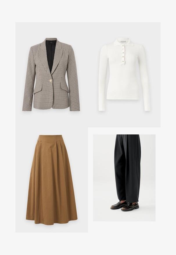 Houndstooth ternet blazer i brun og sort, med en enkelt guldknap, to forlommer og en struktureret krave. Foret inderside.; Hvid langærmet, ribstrikket polo med fem knapper og en slå-krave på en ensfarvet baggrund.; Brun bomulds A-linjeet nederdel med høj talje, præget af læg foran og en glat tekstur. Endeafslutningerne er enkle og rene.; Sorte loafers med en blank læderfinish, der har en dekorativ rem over toppen, kombineret med løstsiddende sorte bukser.