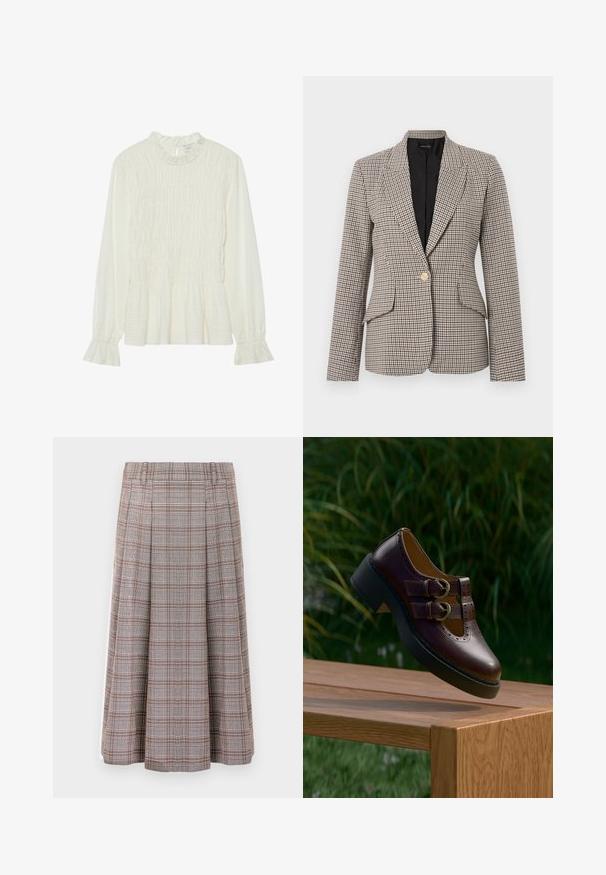 Blazer con estampado pata de gallo en marrón y negro, con un solo botón dorado, dos bolsillos delanteros y cuello estructurado. Forro interior.; Blusa blanca de manga larga con cuello volantes, cuerpo fruncido y puños acampanados, fabricada en tela texturizada con un dobladillo en peplum.; Falda midi plisada en un patrón de cuadros marrón y gris, fabricada con una tela texturizada. Cuenta con una cintura y cae hasta la mitad de la pantorrilla.; Zapato de cuero marrón oscuro con correas de doble hebilla, detalles perforados y suela negra gruesa, suspendido sobre una mesa de madera al aire libre.