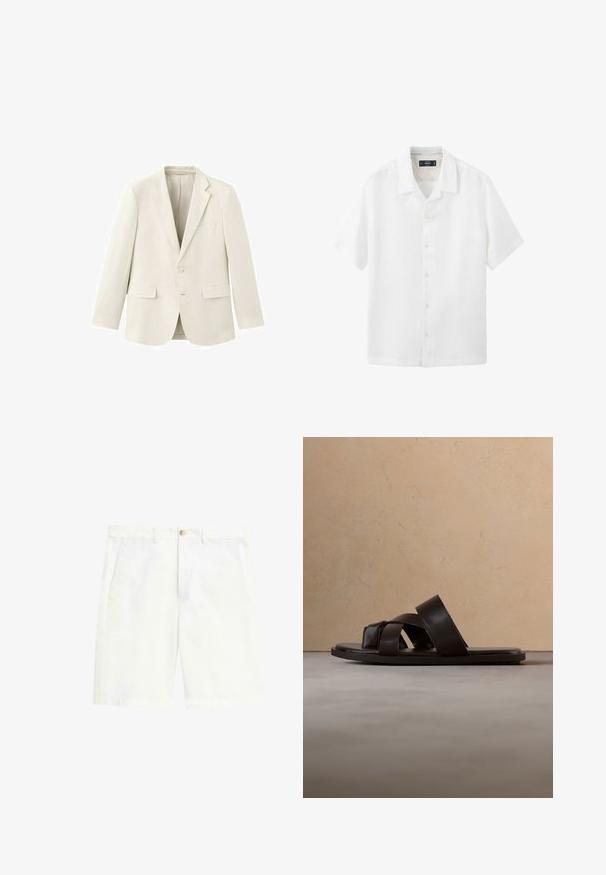 Enkeltknappet cremefarvet blazer med hakket revers, to frontlommer med klap, en brystlomme og lukning med to knapper.; Hvid skjorte med korte ærmer, knapper foran, med krave og en afslappet pasform, vist på en ensfarvet hvid baggrund.; Hvide skræddersyede shorts med knaplukning og lynlås foran, bæltestropper og sidelommer, lagt fladt på en hvid baggrund.; Sort lædersandal med tre krydsede stropper, flad sål og glat tekstur, hængende over et vævet naturskinds tæppe.