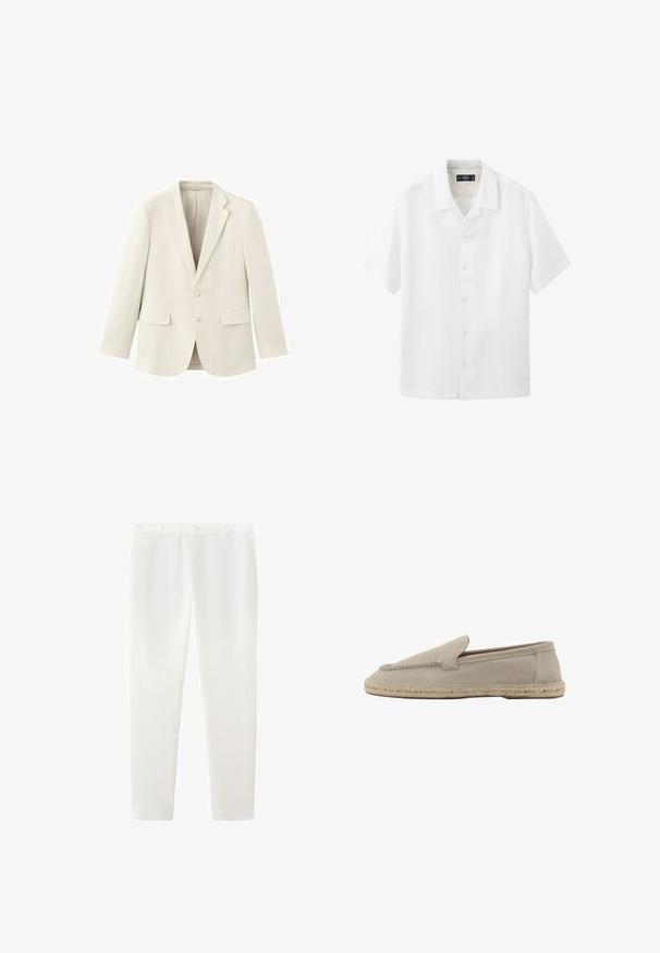 Veste blazer crème à simple boutonnage avec revers en encoche, deux poches à rabat à l'avant, une poche poitrine et une fermeture à deux boutons.; Chemise blanche à manches courtes avec col, boutons sur le devant et coupe décontractée, présentée sur un fond blanc uni.; Pantalon blanc slim avec passants pour ceinture, détails de coutures avant et coupe ajustée longueur cheville.; Mocassin beige en daim à enfiler avec semelle en jute tressée, détails cousus le long des bordures supérieures, talon plat et bout rond.