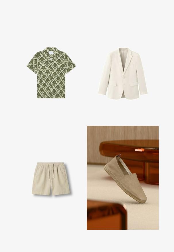 Veste blazer crème à simple boutonnage avec revers en encoche, deux poches à rabat à l'avant, une poche poitrine et une fermeture à deux boutons.; Chemise à manches courtes avec un motif floral vert sur fond beige clair. Dotée d'un col et d'une étiquette portant la mention "Les Deux."; Short beige décontracté avec taille élastique et cordon, poches latérales et ourlet droit, présenté sur un fond uni.; Espadrille en toile beige avec semelle tressée et petite languette tricolore sur le talon, posée sur un tapis clair avec un mobilier teinté d'ambre en arrière-plan.