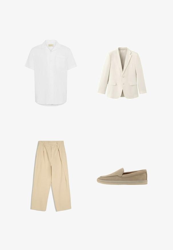 Veste blazer crème à simple boutonnage avec revers en encoche, deux poches à rabat à l'avant, une poche poitrine et une fermeture à deux boutons.; Chemise blanche à manches courtes, fabriquée en tissu léger, avec une poche poitrine unique et un design décontracté.; Pantalon beige taille haute avec plis à l'avant, fermeture par bouton et zip, jambes larges et droites.; Mocassin beige en daim à enfiler, semelle en caoutchouc clair, petit talon et coutures discrètes le long du bord supérieur.