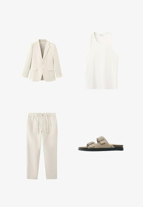 Veste blazer crème à simple boutonnage avec revers en encoche, deux poches à rabat à l'avant, une poche poitrine et une fermeture à deux boutons.; Débardeur blanc côtelé sans manches avec un col rond et un ourlet droit, présenté sur un fond uni.; Pantalon décontracté beige avec taille élastique, bouton, cordon de serrage, deux poches latérales et jambes fuselées.; Sandale à glissière en daim beige avec deux brides réglables à boucle métallique et une semelle en caoutchouc noire texturée.