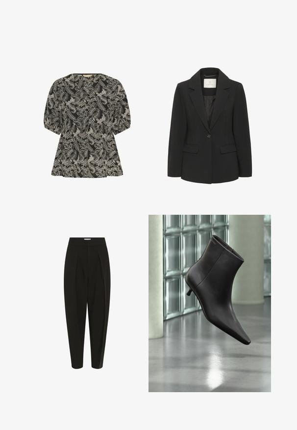 Sort kvindeblazer med enkelt knap, reverskrave, to forlommer med klap og detaljer ved taljesømmen for en tætsiddende pasform.; Culture CUBroderie - Bluse - black whitecap; Sorte, højtaljede, skræddersyede bukser med plisseringer og taperede ben, der har en skjult lukkemekanisme foran og et struktureret taljebånd.; Sort læderankelstøvle med spids tå og lille hæl vist mod en væg af glasblokke og poleret gulv baggrund.