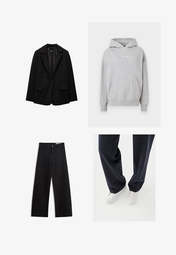 Zwarte blazer van gladde stof met een enkele knoopsluiting, notch-lapels en twee voorzakken. Minimalistisch ontwerp, getailleerde pasvorm.; Grijze katoenen hoodie met een kangoeroezak, geribde manchetten en de tekst "PEGADOR" op de borst met extra tekst op de mouw.; Zwarte denim broek met wijde pijpen en een hoge taille, voorzien van voor- en achterzakken, gestikte naden en een knoopsluiting. Gladde textuur.; Witte sneakers met gestructureerde rubberen zolen en platte veters, gecombineerd met donkerblauwe broeken die een losse, soepele stof en een getailleerde pasvorm laten zien.