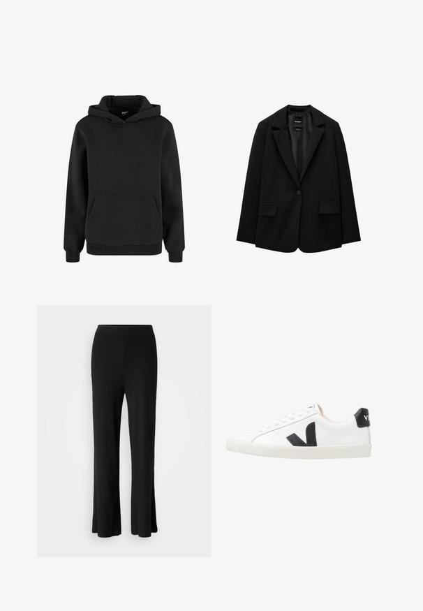 Schwarzer Blazer aus glattem Stoff mit einem Knopfverschluss, abgesetztem Revers und zwei vorderen Taschen. Minimalistisches Design, taillierte Passform.; Schwarzer Kapuzenpullover mit langen Ärmeln und einer vorderen Kängurutasche, hergestellt aus weichem Stoff mit gerippten Bündchen und Saum.; Schwarze, gerippte, weite Hosen mit einem glatten, elastischen Bund und ausgestellt geschnittenem Saum. Die Stoffstruktur ist weich und dehnbar und bietet Komfort.; Weißer Sneaker mit einem schwarzen V-Logo, ausgestattet mit einem glatten Lederoberteil, runder Zehenpartie, Schnürverschluss und kontrastierendem schwarzen Fersenbereich.