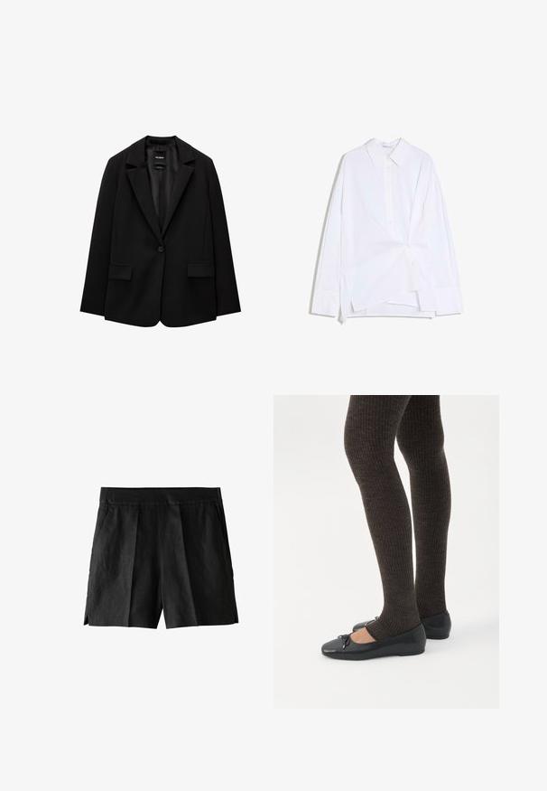 Sort blazer lavet af glat stof med enkelt knaplukning, klaplapper og to frontlommer. Minimalistisk design, skræddersyet pasform.; Hvid langærmet skjorte med knapper, asymmetrisk snoet forstykke og klassisk krave, vist på en hvid baggrund.; Sorte linnedrenge med plisseret front, sidelommer og en afslappet pasform. Stoffet har en glat tekstur og et afslappet design.; Ben iført mørke ribbede leggings kombineret med sorte balletsko med små sløjfedetaljer på hvid baggrund.