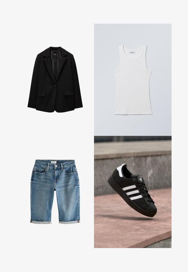 Sort blazer lavet af glat stof med enkelt knaplukning, klaplapper og to frontlommer. Minimalistisk design, skræddersyet pasform.; Hvid bomulds tanktop med rund halsudskæring og brede skulderstropper. Har ribstrikket tekstur og lige kant forneden. Mærke vist ved halsudskæringen.; Blå denim knæ-lange shorts med en opsmøgning, fem lommer og lukning med metalknap. Stof har et let falmet udseende.; Sort Adidas-sneaker med hvide striber og hælkappe, fanget i luften over en rosa stenoverflade og en grå betonbaggrund.