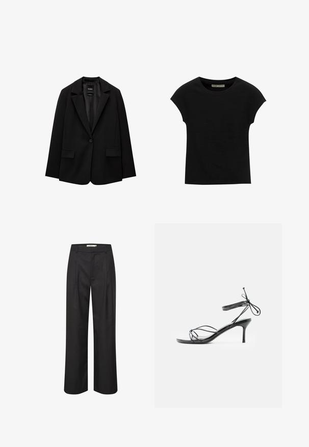 Sort blazer lavet af glat stof med enkelt knaplukning, klaplapper og to frontlommer. Minimalistisk design, skræddersyet pasform.; Sort T-shirt med korte ærmer og rund halsudskæring. Fremstillet af glat, elastisk bomuldsstof. Simpelt design uden mønstre eller grafik.; Sorte breddebenede bukser med en glat overflade, plisseret forside, bæltestropper og en skræddersyet design. Materialet giver et poleret udseende.; Sort højhælet sandal med tynde stropper omkring anklen og en mellemhøj stilethælt på en hvid baggrund.
